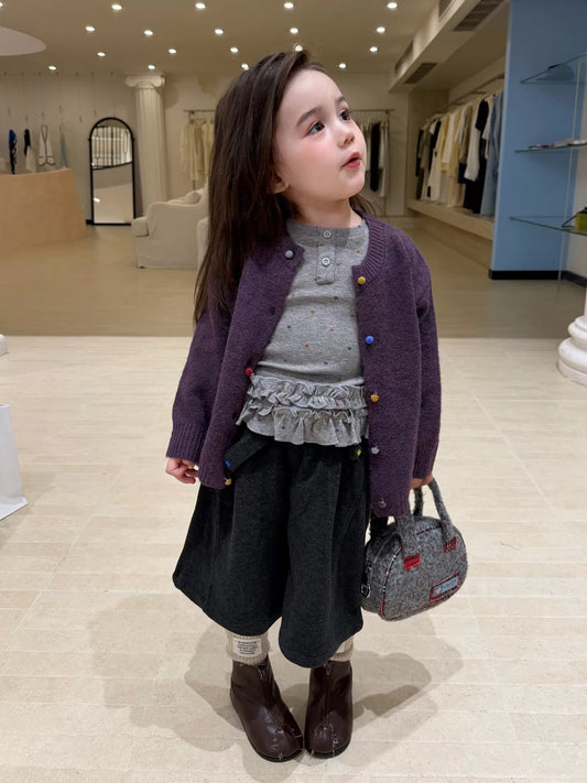 Girls Knit Cardigan, Base Layer & Wool Shorts Set - Autumn