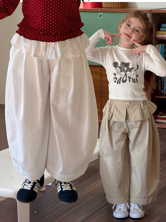 Girls Skirt-Panel Wide-Leg Pants - Curved-Cut Autumn Trousers