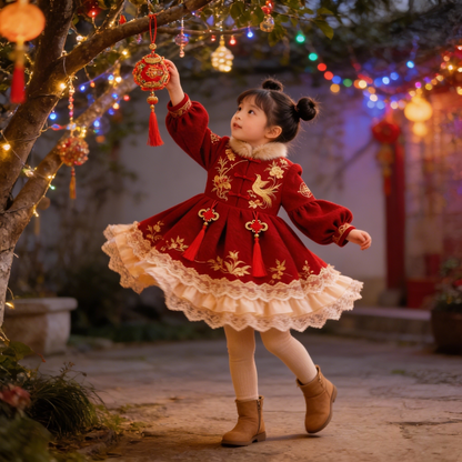 Girls Peace-Knot Fleece-Lined New-Year Dress - Embroidered Tang-Style Princess Gown