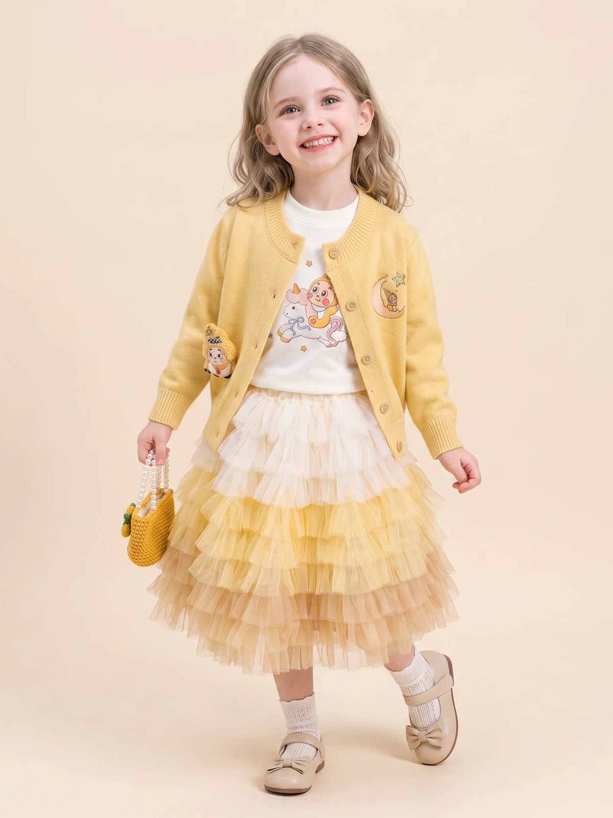 Girls Knit Cardigan, Top & Skirt Set - Cartoon Embroidered Three-Piece