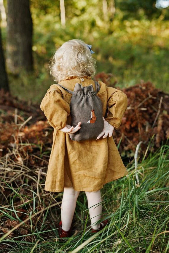 Linen Kids Backpack - Embroidered Animal Daypack, 2 Sizes