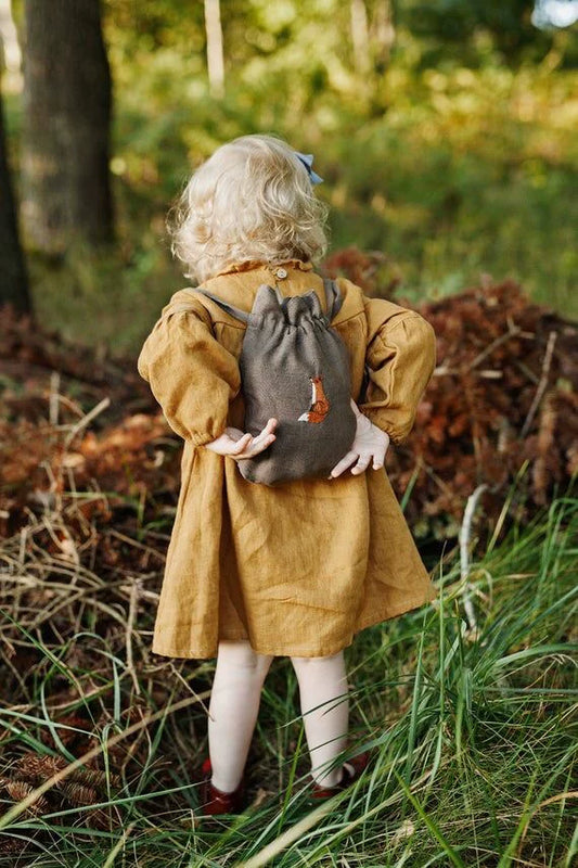 Linen Kids Backpack - Embroidered Animal Daypack, 2 Sizes