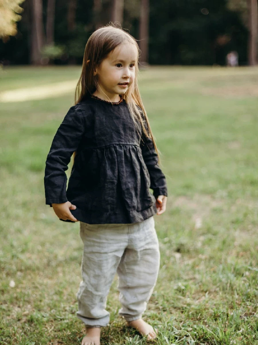 Girls Pure Linen Embroidered Shirt - Nordic Long-Sleeve Top