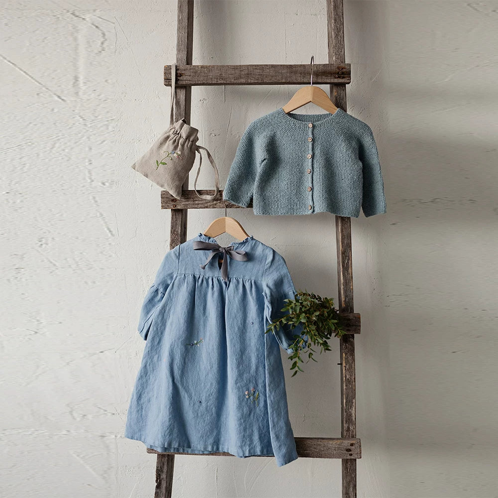 Belgian Linen Nordic Dress - Embroidered Long-Sleeve with Sash