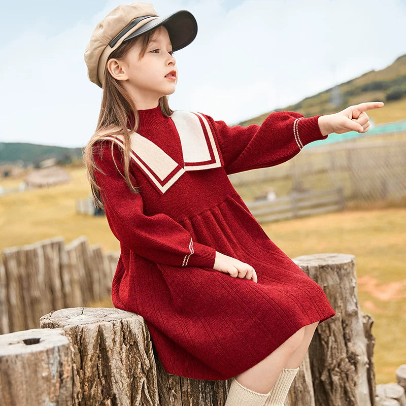 Girls Fleece-Lined Knit Dress - Preppy Princess Sweater Dress
