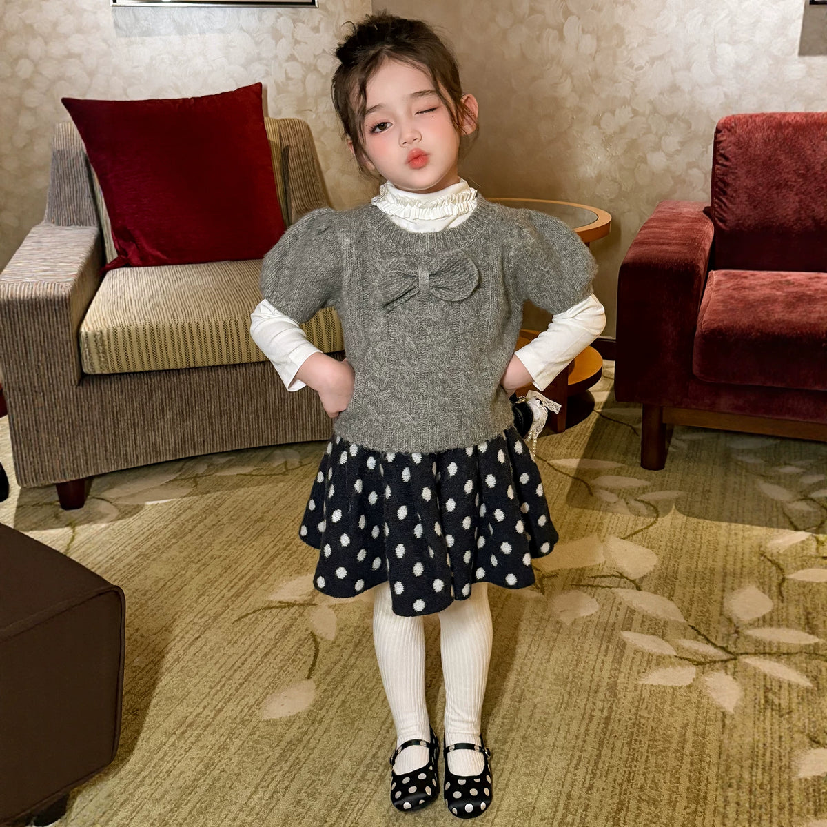 Girls Bow Knit Vest & Sweater Skirt Set - Sweet Autumn