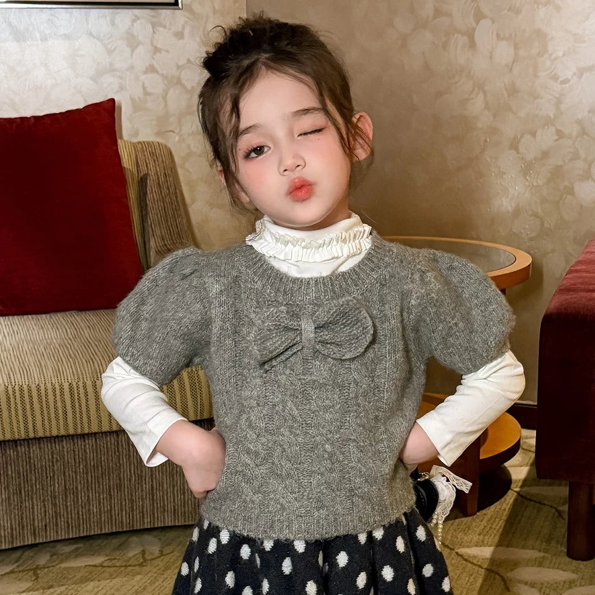 Girls Bow Knit Vest & Sweater Skirt Set - Sweet Autumn