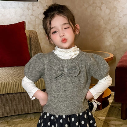 Girls Bow Knit Vest & Sweater Skirt Set - Sweet Autumn