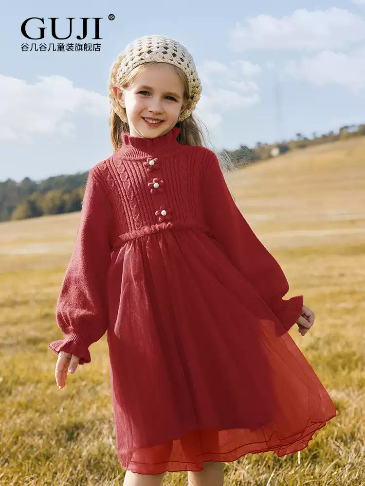 Girls Winter Tulle Princess Dress - Puffy Knit-Top Gown