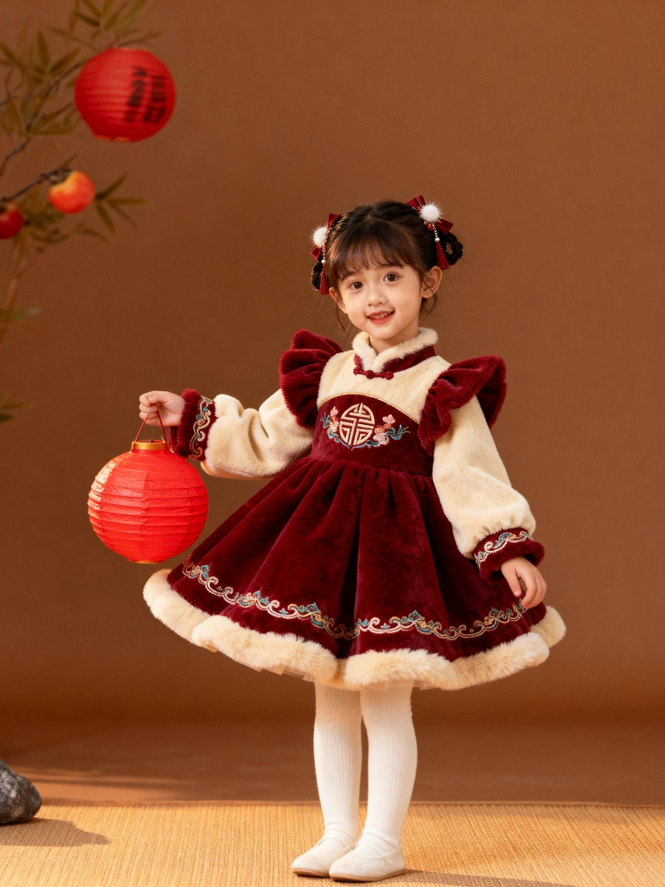 Girls Flutter-Sleeve New-Year Lolita Dress - Fuzzy Puffy Birthday Princess Gown