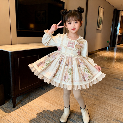 Girls Apricot Fleece-Lined Lolita Dress - Sweet Birthday Princess Gown with Leggings Options