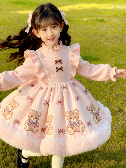 Girls Pink Bunny Fleece-Lined Lolita Dress - Sweet Birthday Princess Gown