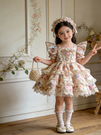 Girls Floral Lolita Birthday Dress - Puffy Cake Princess Gown with Hair Accessory Option