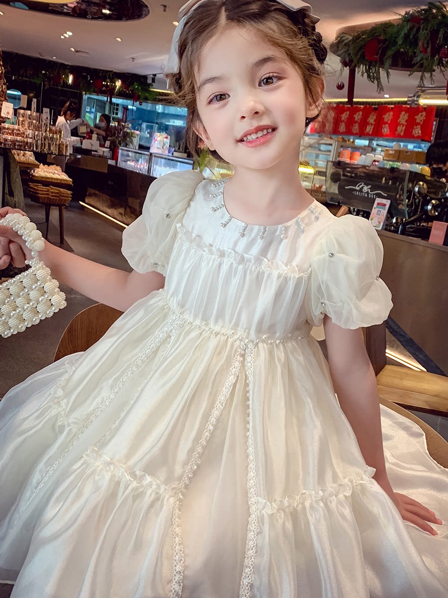 Girls French-Style Puff-Sleeve Dress - Chic Princess Dress