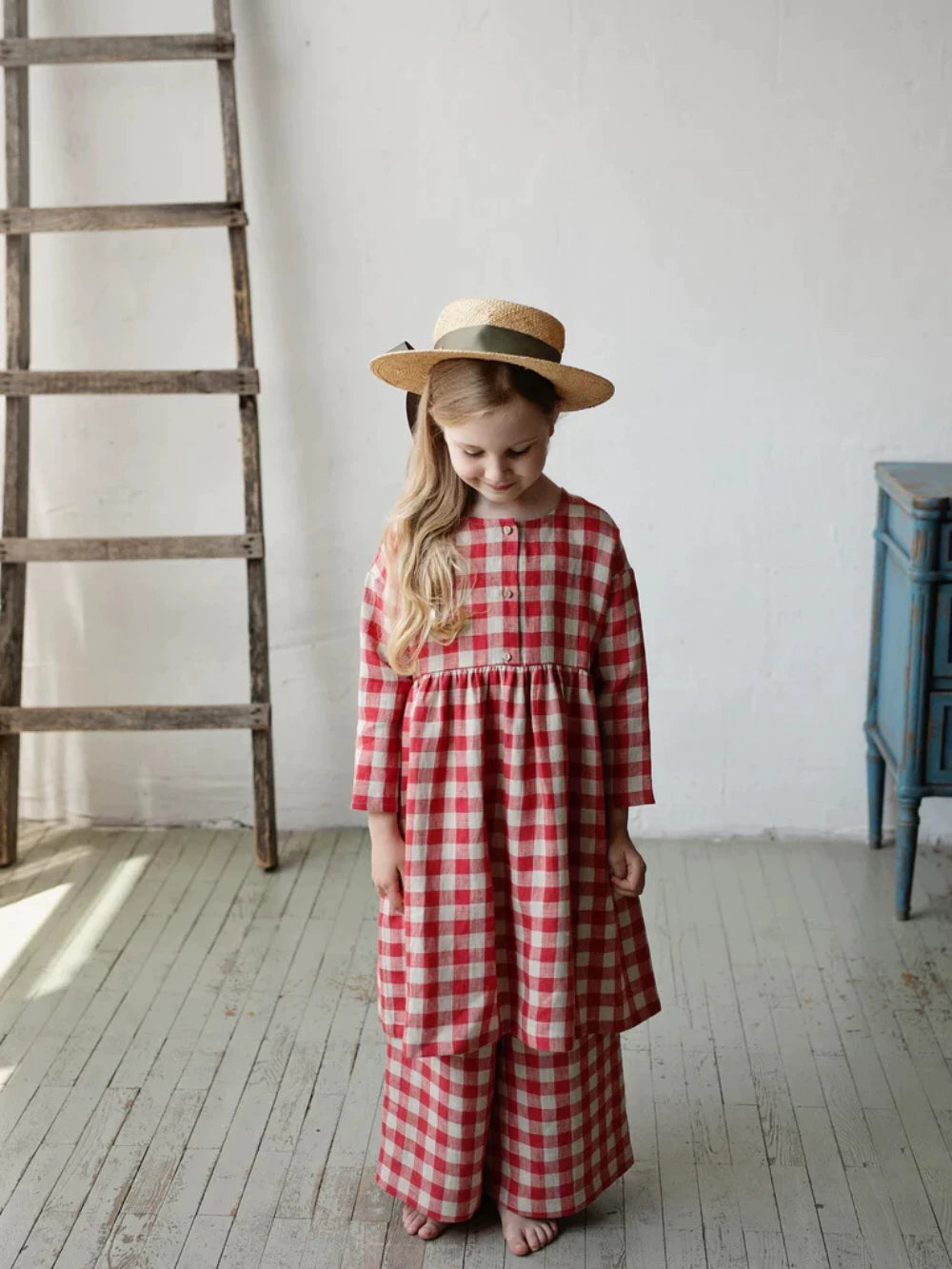 Red Plaid Pure Linen Wide-Leg Pants - Relaxed Spring Summer