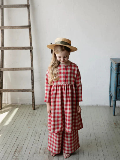 Red Plaid Pure Linen Wide-Leg Pants - Relaxed Spring Summer