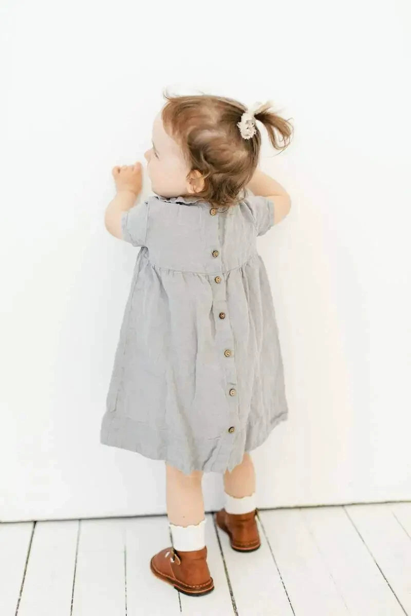 Girls Nordic Doll-Collar Linen Dress - Alice Style Short Sleeve