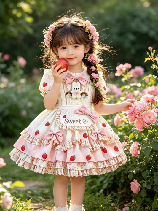 Girls Strawberry Lolita Sundress - Cute Puffy Princess Dress with Hair Accessory