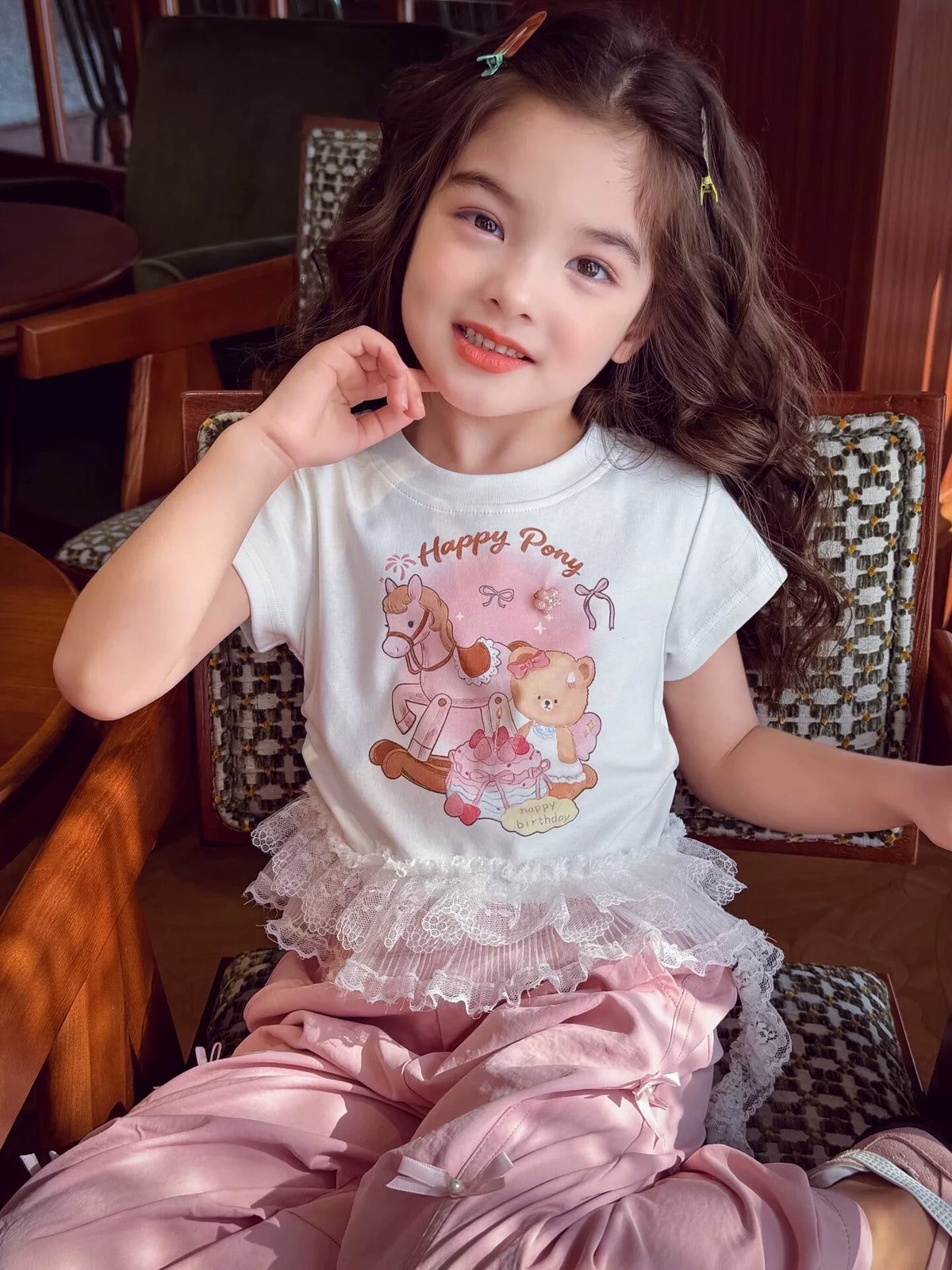Girls Lace-Sleeve Cartoon Tee - Ballet-Style Summer Top