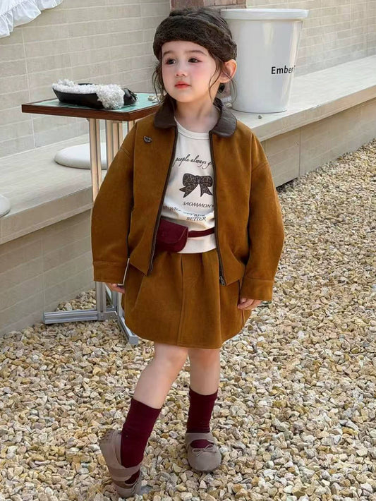 Girls Suede Jacket & Midi Skirt Set - Korean Autumn Two-Piece