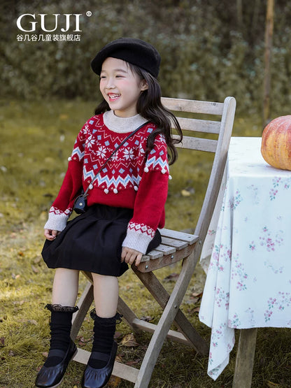 Girls Christmas Knit Sweater - Pom-Pom Festive Holiday Top