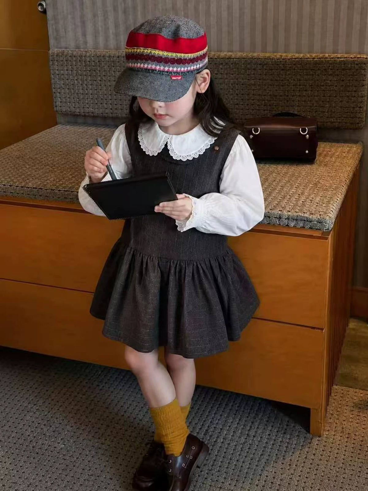 Girls Pinafore Dress & Ruffle Blouse Set - Preppy Autumn