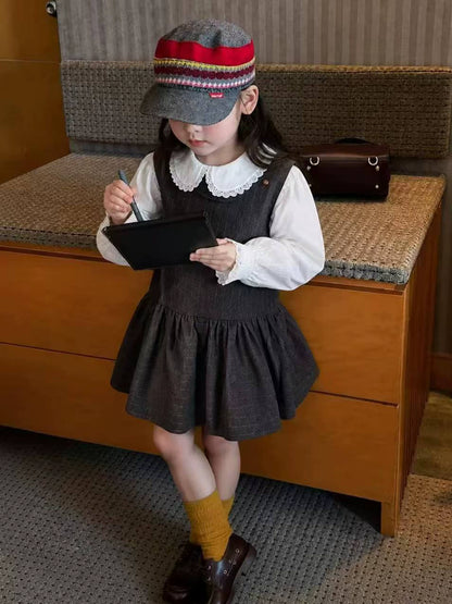 Girls Pinafore Dress & Ruffle Blouse Set - Preppy Autumn
