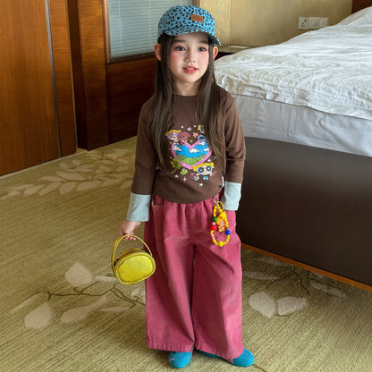 Girls Cartoon Tee & Corduroy Wide-Leg Pants Set with Charm - Korean Autumn Two-Piece