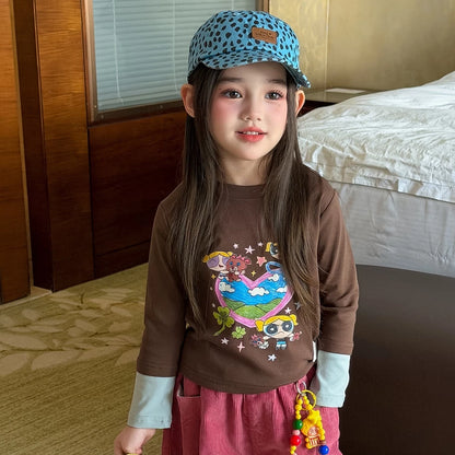 Girls Cartoon Tee & Corduroy Wide-Leg Pants Set with Charm - Korean Autumn Two-Piece