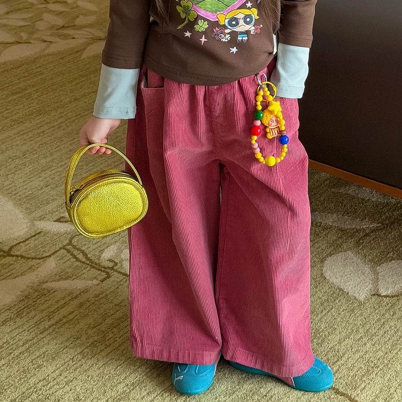 Girls Cartoon Tee & Corduroy Wide-Leg Pants Set with Charm - Korean Autumn Two-Piece