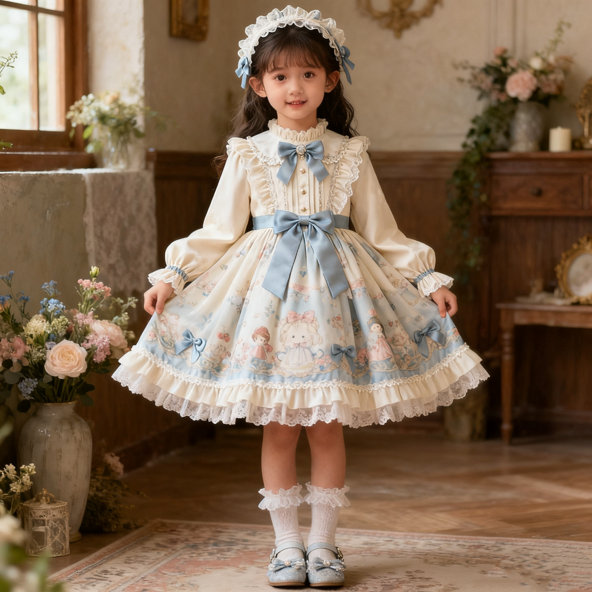 Girls Cartoon Lolita Dress - Fleece-Lined Sweet Birthday Gown with Headpiece