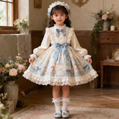 Girls Cartoon Lolita Dress - Fleece-Lined Sweet Birthday Gown with Headpiece