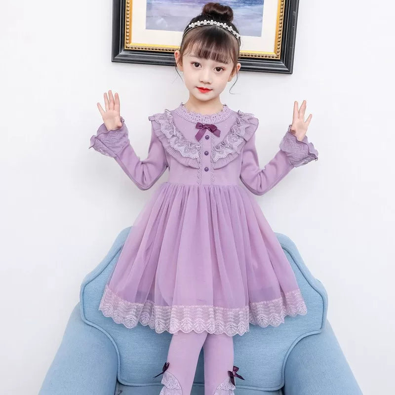 Girls Fleece-Lined Tulle Princess Dress - Three-Button Long-Sleeve Gown with Legging Options