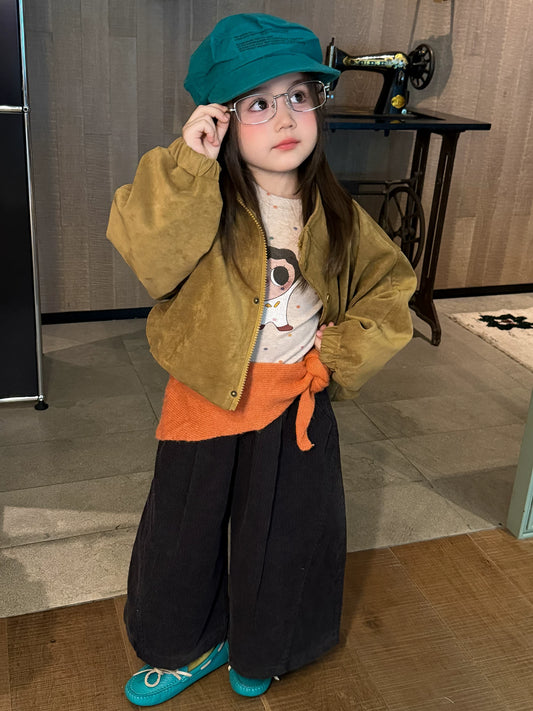 Girls Stand-Collar Suede Zip Jacket & Corduroy Pants Set - Korean Autumn Separates
