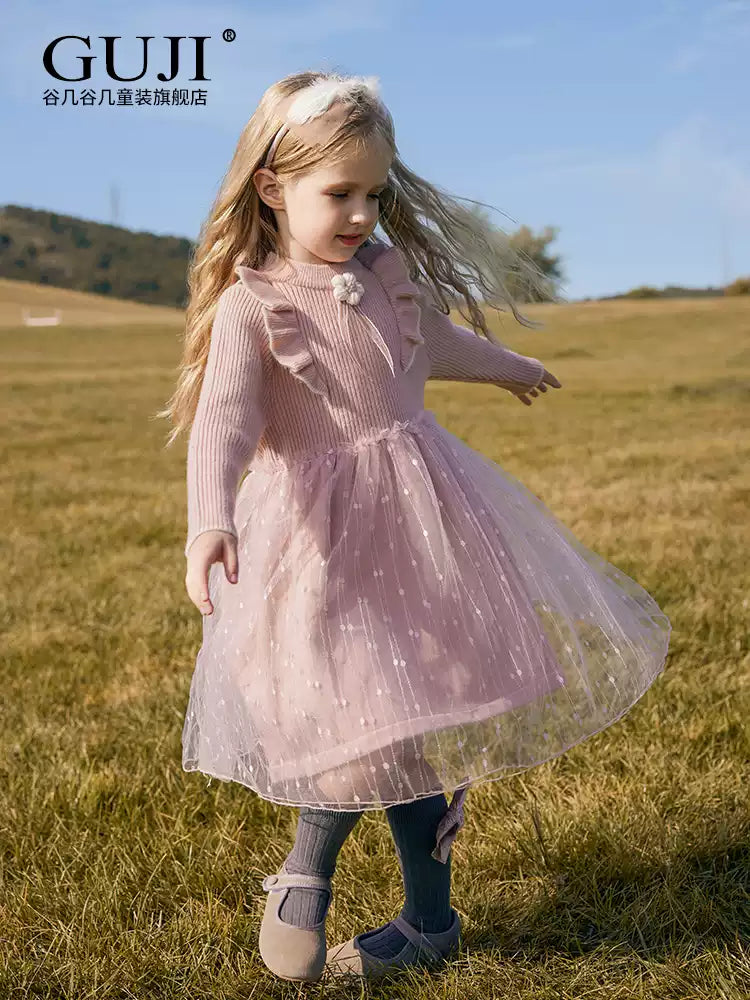 Girls Knit Tutu Sweater Dress - Flower-Accent Princess Dress