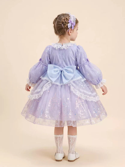 Girls Lolita Flower-Girl Dress - Tulle Princess Gown in Pink Purple