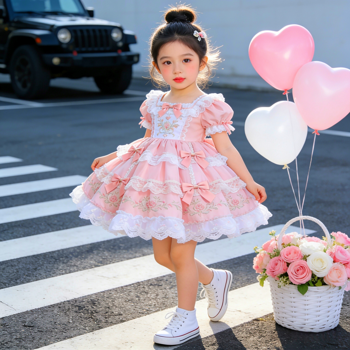 Girls Original-Design Lolita Gown - Pink Embroidered Birthday Princess Dress