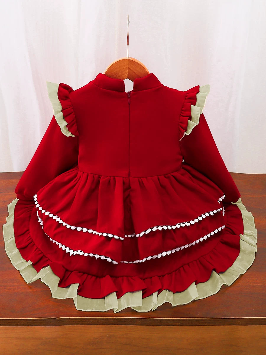 Girls Fleece-Lined New-Year Lolita Dress - Wine Red / Pink Princess Gown