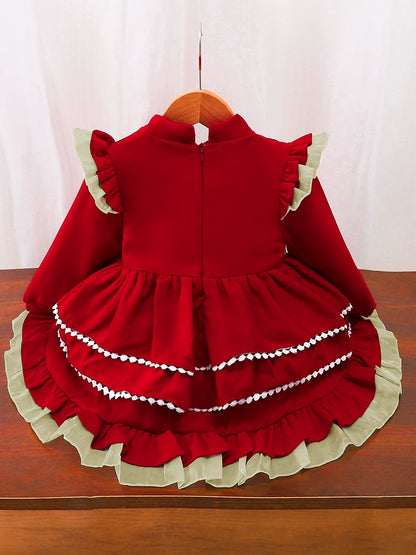 Girls Fleece-Lined New-Year Lolita Dress - Wine Red / Pink Princess Gown