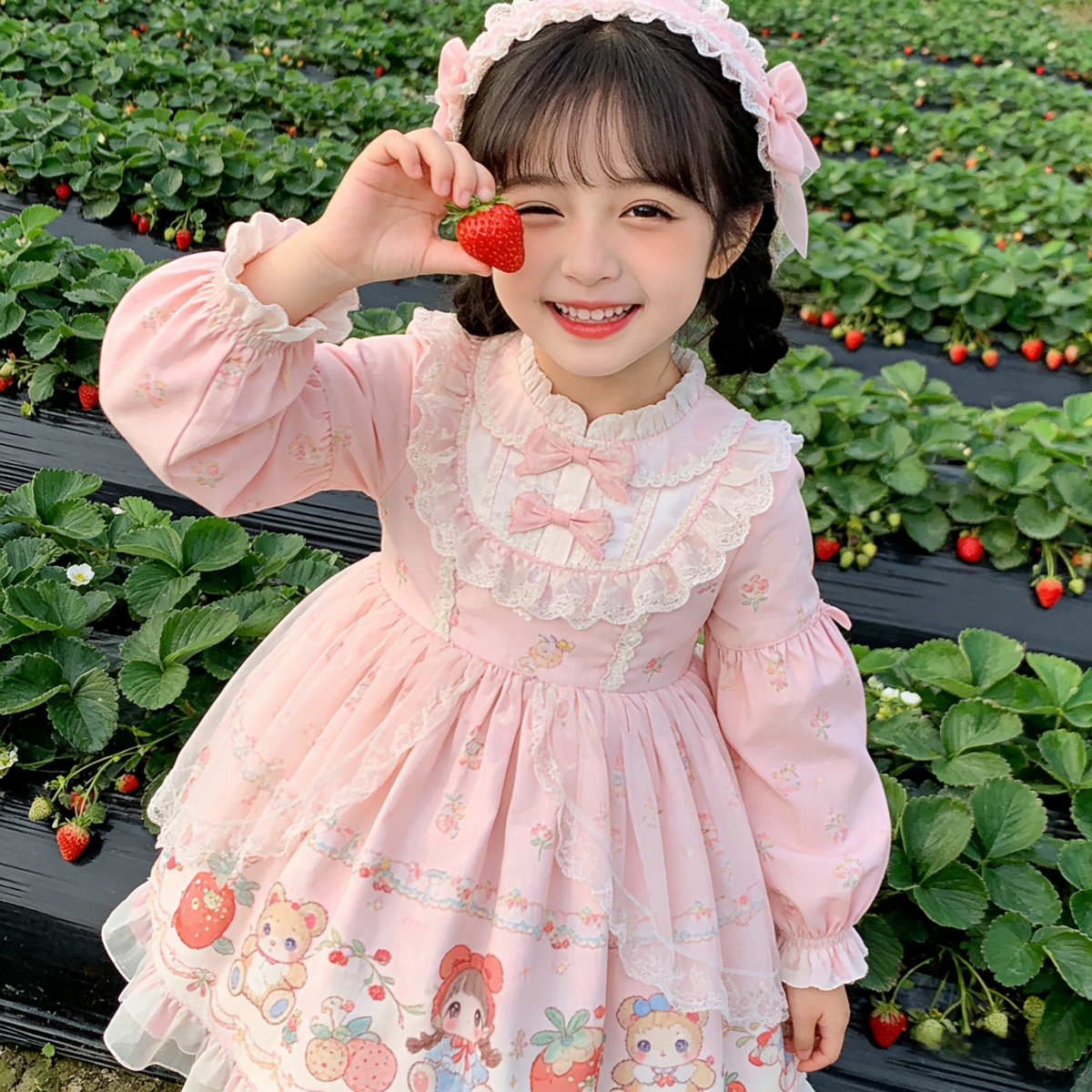 Girls Pastoral Strawberry Lolita Dress - Puffy Birthday Princess Dress