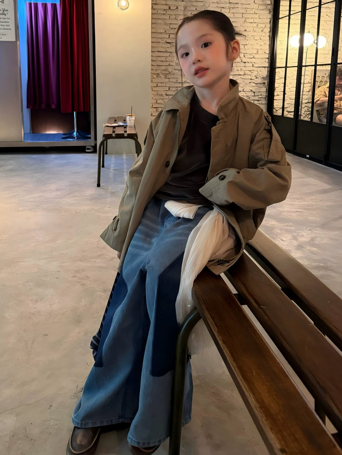 Girls Cropped Trench Coat & Wide-Leg Jeans Set - British Autumn