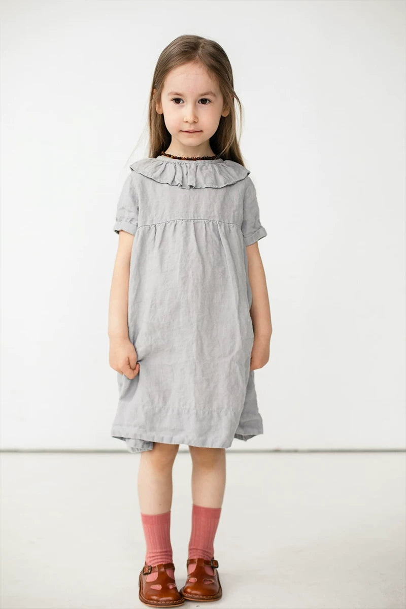 Girls Nordic Linen Dress with Ruffle Collar - Alice Embroidery Short Sleeve