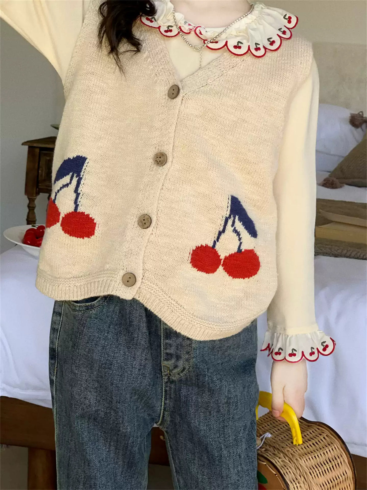 Girls Knit Vest, Tee & Jeans Three-Piece Set - Cherry Print Autumn Separates