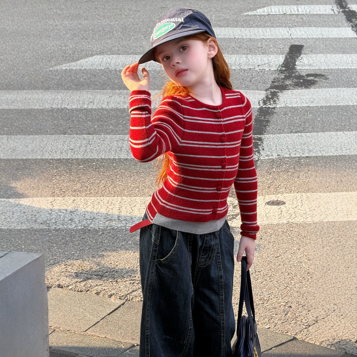 Girls Striped Faux Two-Piece Cardigan - Slim Korean Knit