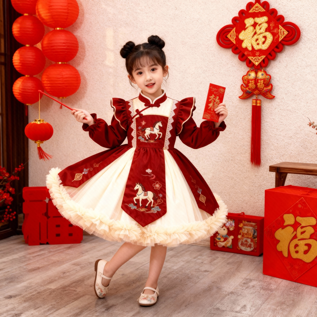 Girls Horse-Embroidered Fleece-Lined New-Year Dress - Tang-Style Festive Princess Gown