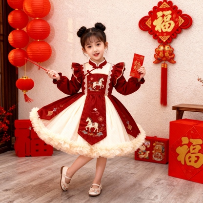 Girls Horse-Embroidered Fleece-Lined New-Year Dress - Tang-Style Festive Princess Gown