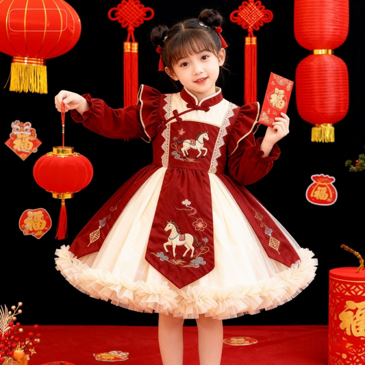 Girls Horse-Embroidered Fleece-Lined New-Year Dress - Tang-Style Festive Princess Gown