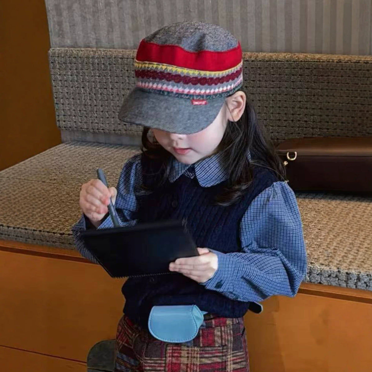 Girls Plaid Layer-Look Shirt & Capri Pants Set - Korean Autumn