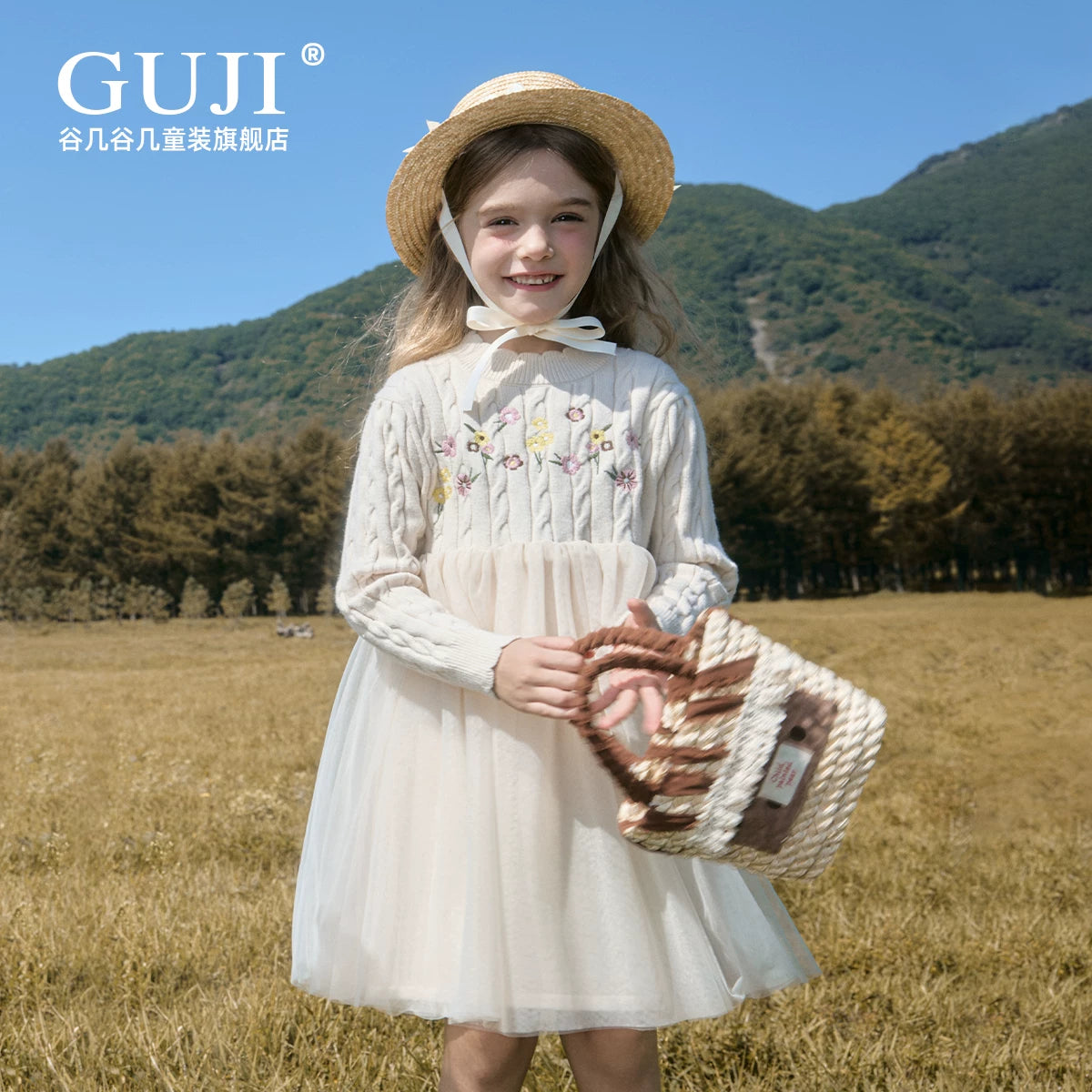 Girls Princess Mesh Knit Dress - Embroidered Winter Sweater Dress