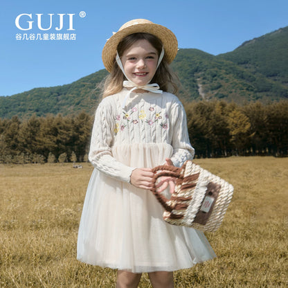 Girls Princess Mesh Knit Dress - Embroidered Winter Sweater Dress